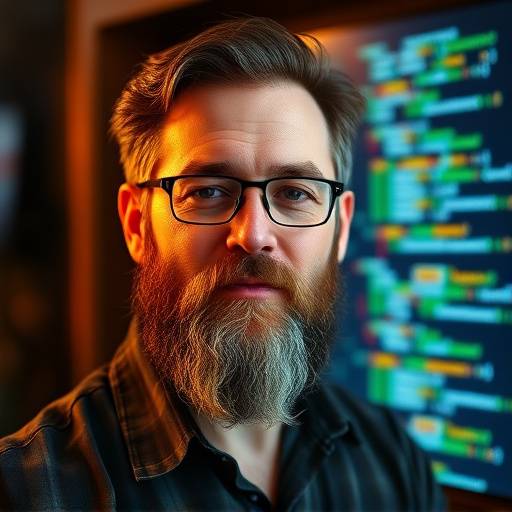 Portrait of David Lee, a Web Development instructor with a beard, sitting in front of a computer with code on the screen.