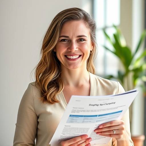 Portrait of Sarah Jones, a smiling Digital Marketing instructor, holding a marketing strategy document.
